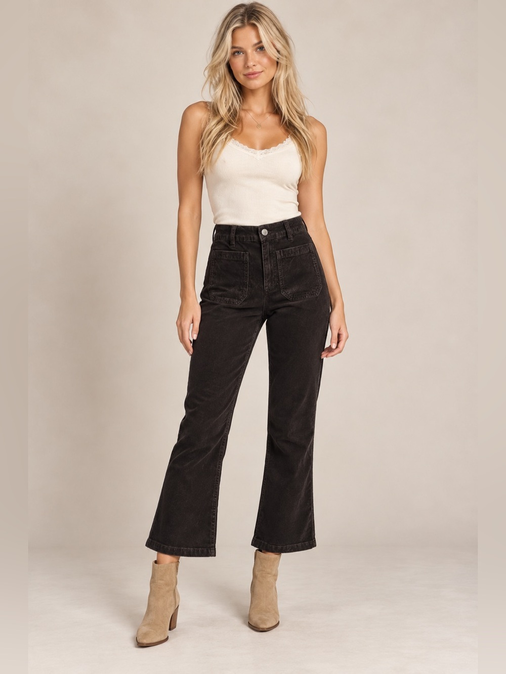 Free People High Time Kick Flare Pants 4 Black Brown Corduroy Crop Stretch NWT $